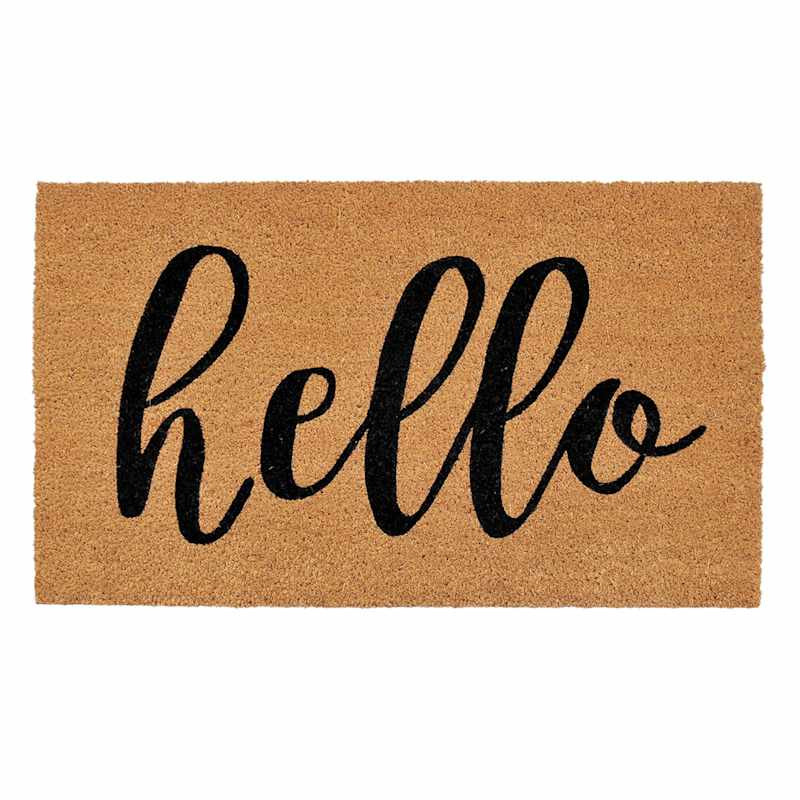 Hello Script Black Natural Coir Mat, 18x30 | At Home