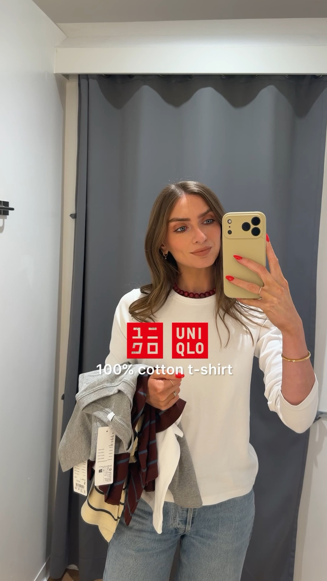 UNIQLO washed cotton boxy t-shirt
Trying the small and XS and I did prefer the fit of the small but there isn’t too much in it
I tried the brown stripe, white, grey and the cream striped 
My outfit at the start is the smooth stretch cotton long sleeve UNIQLO 
Citizens of Humanity Ayla jeans 
Birkenstocks 
& other stories branded necklace