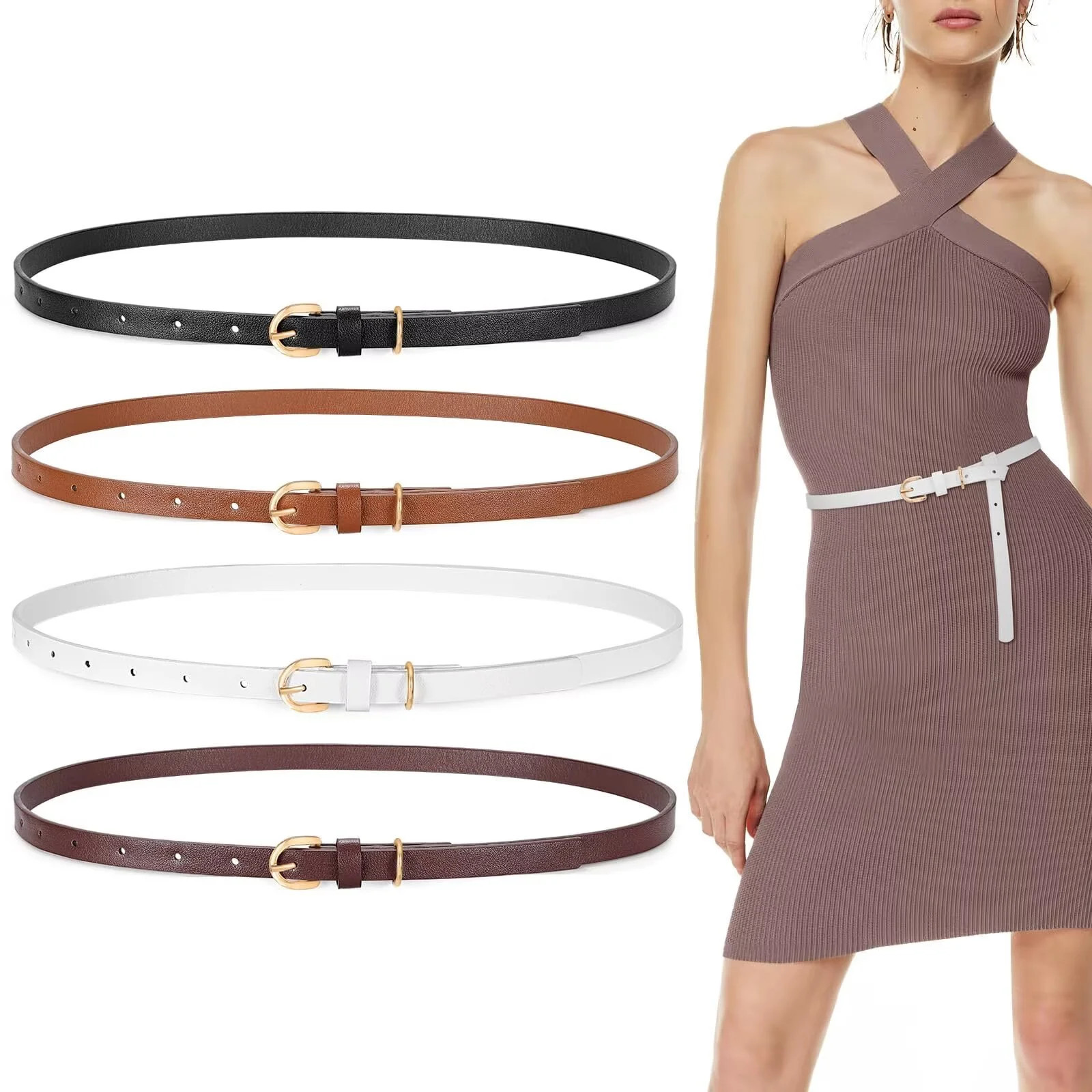 JASGOOD 4Pack Skinny Leather Belt Women Thin Waist Belt Ladies Belt for Jeans Pants Dress | Walmart (US)