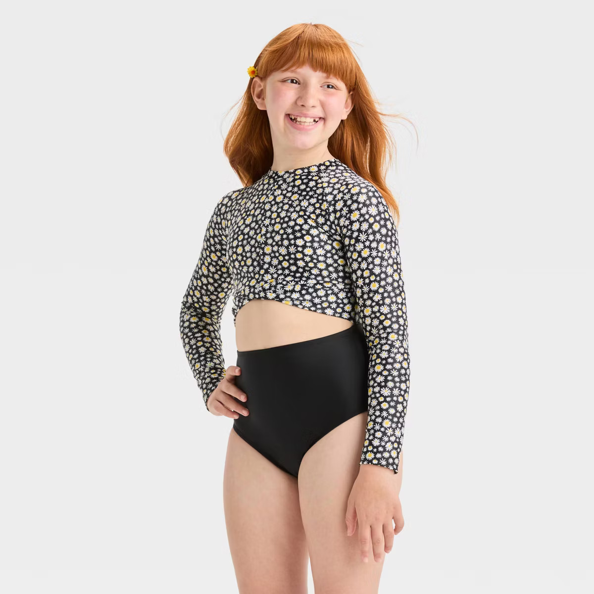 Girls' 'Dozens of Daisies' Floral Printed One Piece Rash Guard Swimsuit - art class™ Black | Target