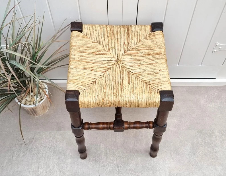Vintage Wooden Stool with Rush Seat, Turned Leg Stool, Wicker Seat, Plant Stand, Country Living, ... | Etsy (US)
