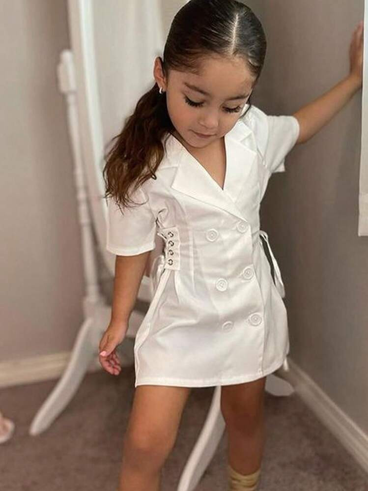 Kids Girl Summer Fashion Dress, Short Sleeve Turn-Down Collar Button Closure Side Lacing Dress | SHEIN