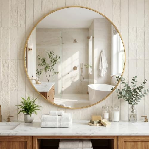 SUPER DEAL Gold Round Mirror, 36 Inch Bathroom Vanity Wall Decor Circular Mirror with Metal Frame for Bathrooms, Entryways, Living Room, Bedroom | Amazon (US)