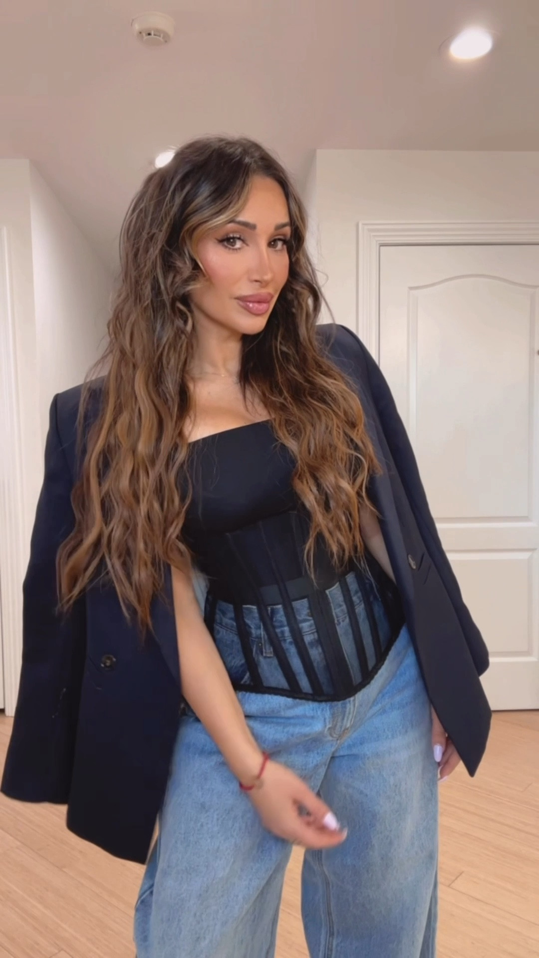 GRWM 

Size down on target jeans 
Spring outfit ideas 
Blazer outfit 
Barrel jeans 
Corset 

#LTKOver40 #LTKgrwm #LTKootd