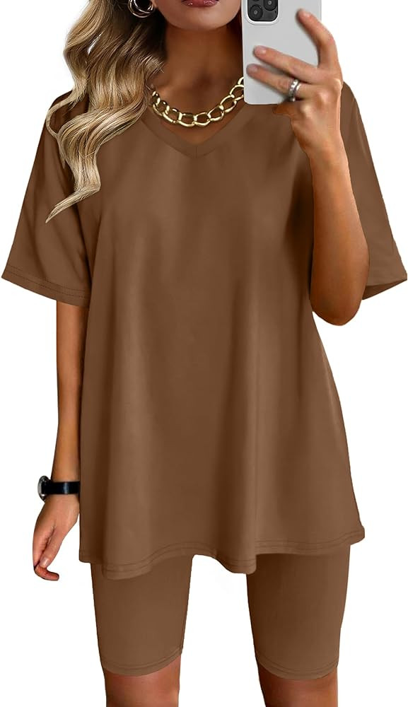 AGSEEM Two Piece Outfits For Women Summer V Neck T-Shirt Tops Biker Shorts Workout Sports Tracksu... | Amazon (US)