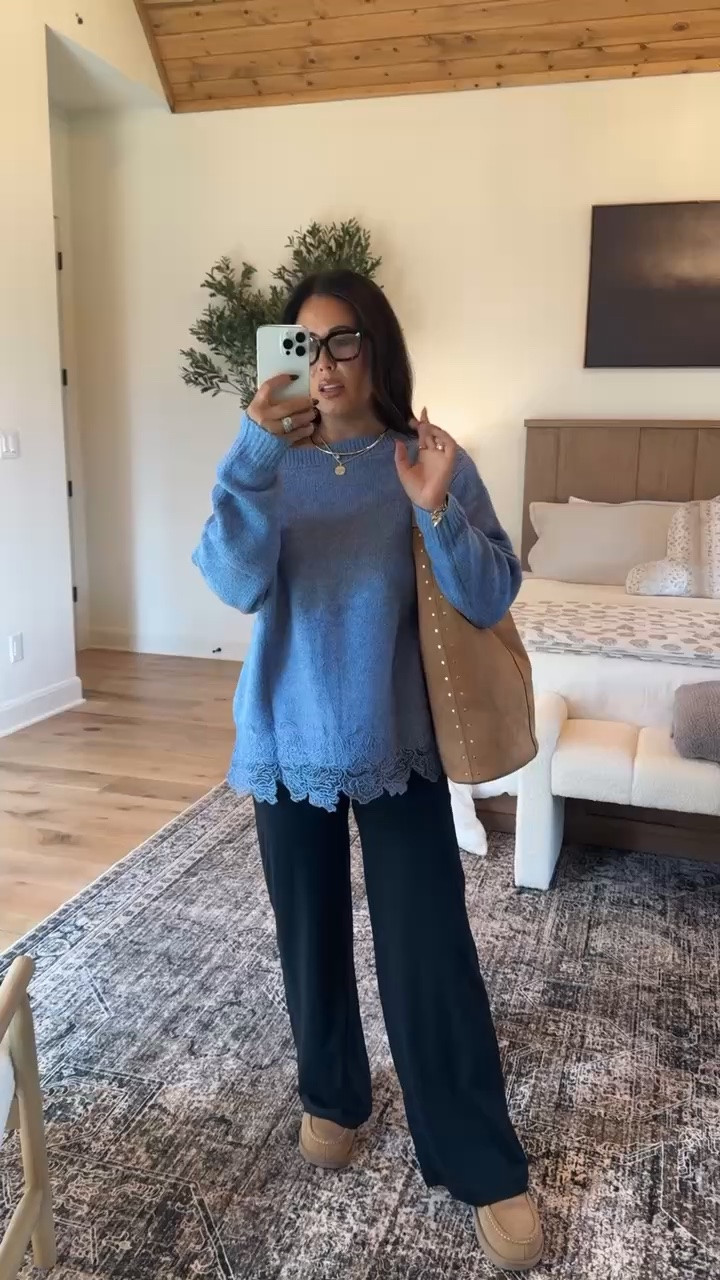 This gorgeous blue sweater adds the perfect pop of color! The off-the-shoulder neckline and lace-trim hem make it so flattering and feminine. Styled with black wide-leg pants for an effortless look.
#BlueSweater #LaceTrim #CasualChic #WomensFashion