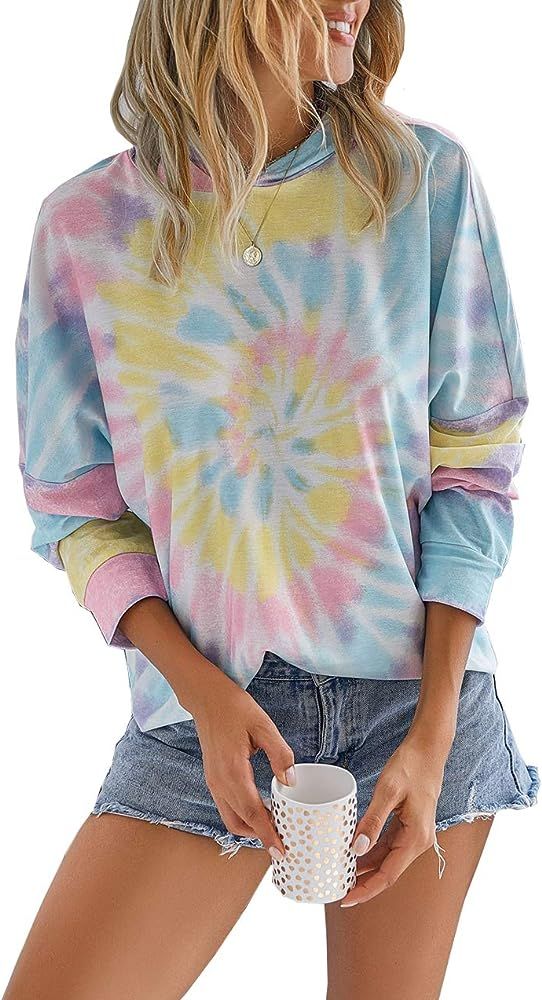 Women’s Casual Tie Dye Print Hoodie Long Sleeve Loose Pullover Sweatshirt Color Block Tunic Top... | Amazon (US)