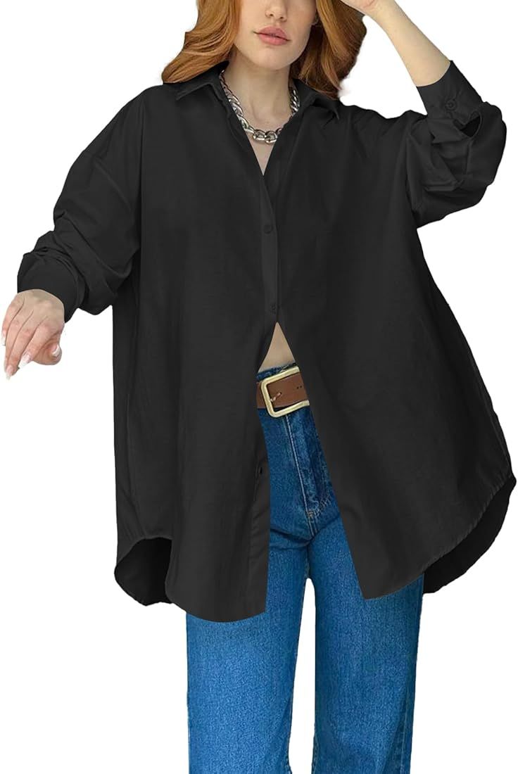 LYANER Women's Oversize Collar Neck Long Sleeve Button Down Slit Hem Blouse Shirt Top | Amazon (US)