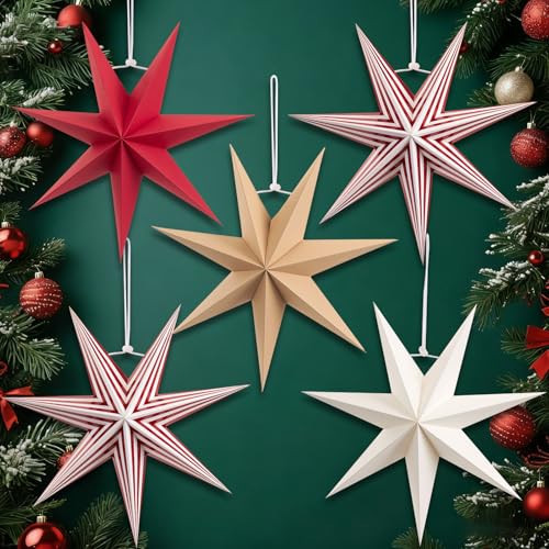 SUNBEAUTY Paper Stars Christmas Party Decorations, 5PCS 6-Pointed Paper Star Hanging Decoration Set Holiday Decor Stars Shape Landerne for Birthday Party Tree Xmas Home Decor | Amazon (US)