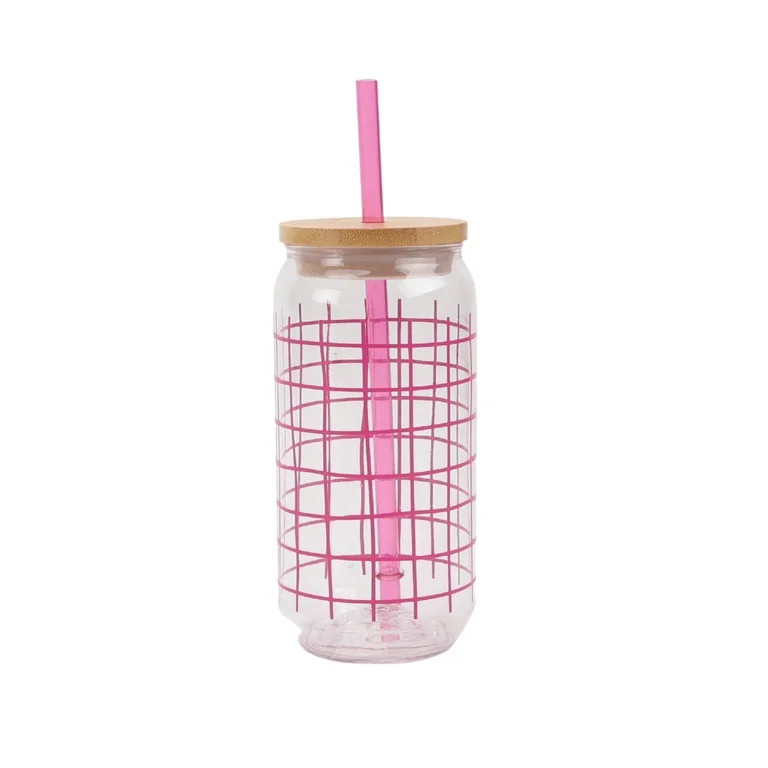 Mainstays 20-Ounce Acrylic Can Shape Tumbler, Pink Grid Pattern | Walmart (US)