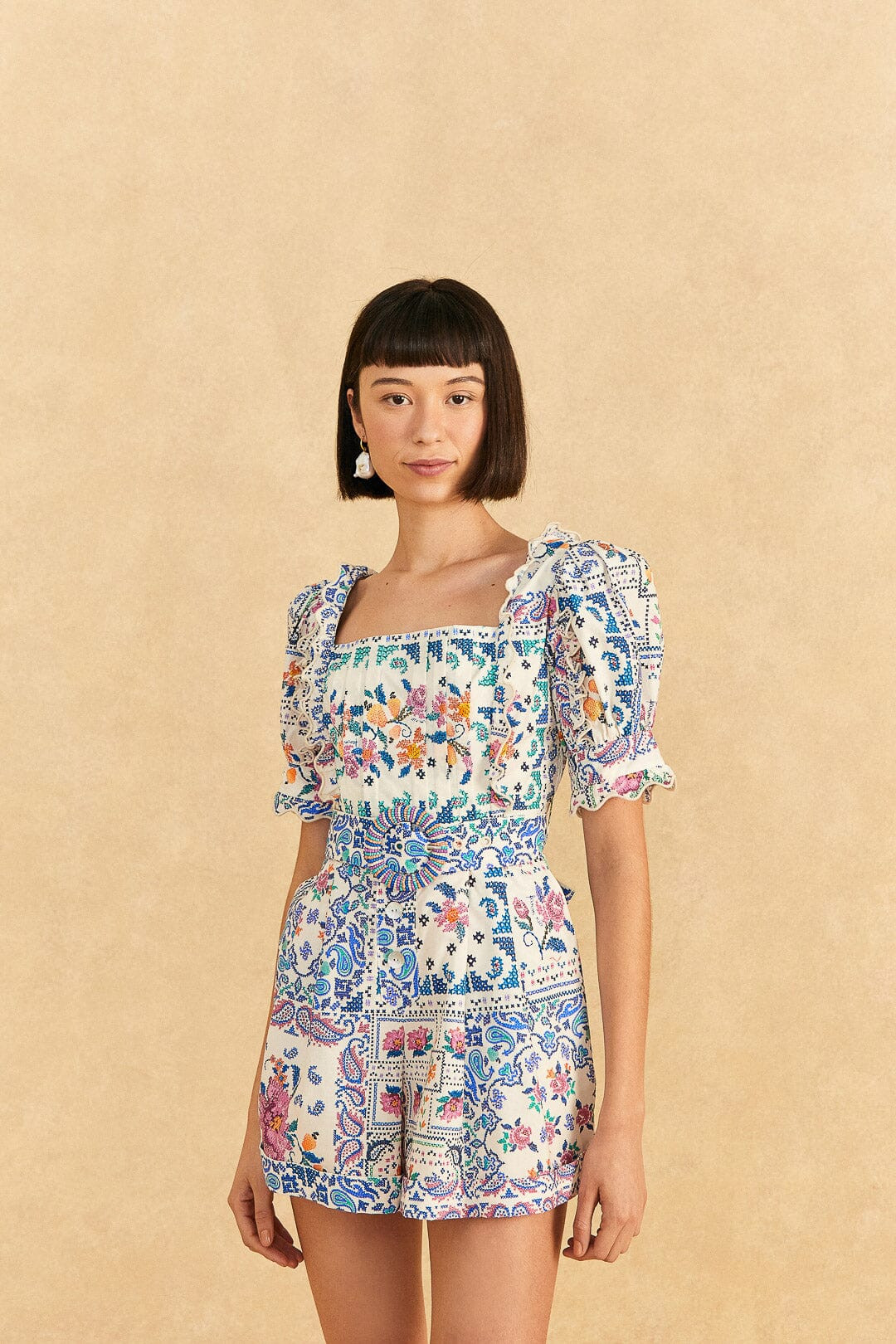 Off-White Romantic Bandanas Organic Cotton Romper | FarmRio (US)