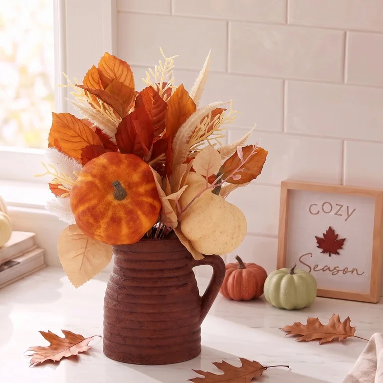 Pumpkins and Foliage Artificial Arrangement in Milk Jar, Multicolor, 13", Fall by Way To Celebrat... | Walmart (US)