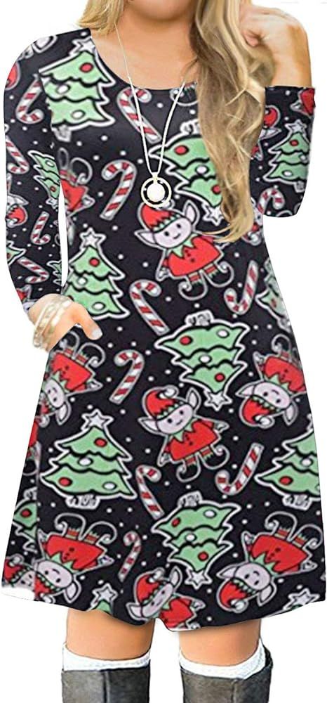 VISLILY Women's Plus Size Christmas Print Casual Swing T-Shirt Dress with Pockets | Amazon (US)
