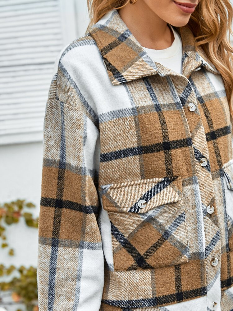 NEWPlaid Flap Pocket Button Up Overshirt | SHEIN
