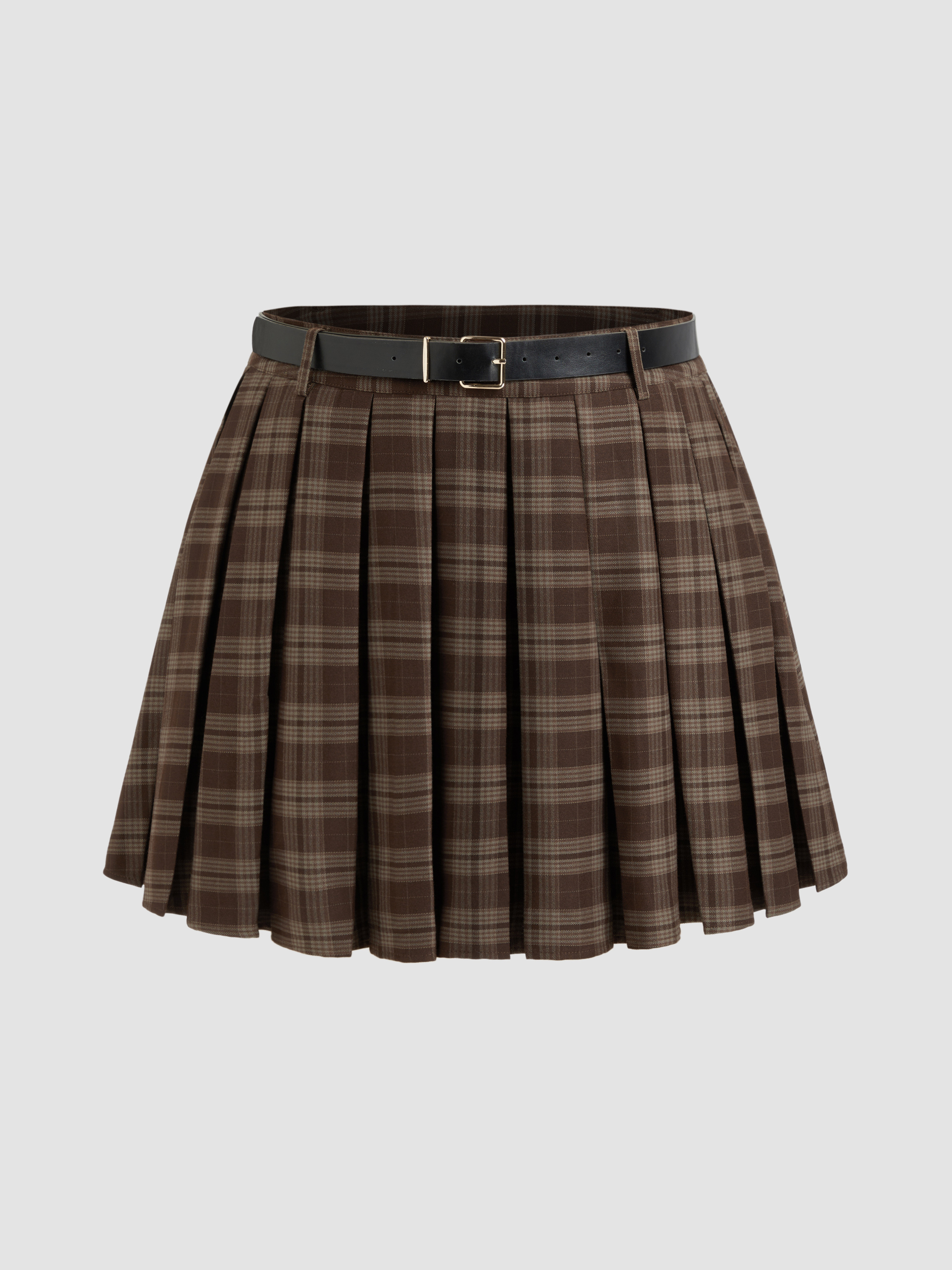 Woven Mid Rise Plaid Pleated Mini Skirt With Belt Curve & Plus For School Daily Casual | Cider