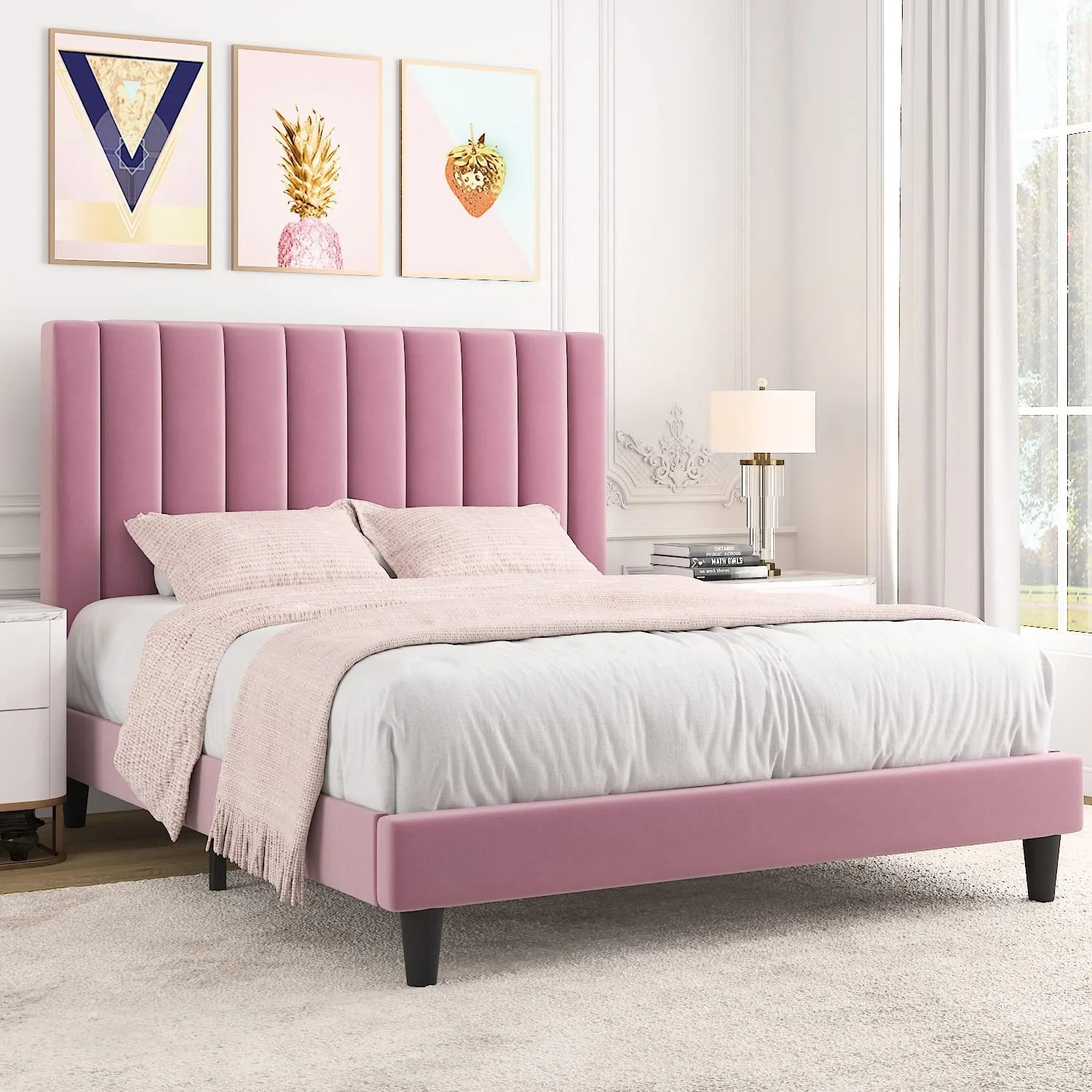 Allewie Queen Velvet Upholstered Bed Frame with Vertical Channel Tufted Headboard, Light Pink | Walmart (US)