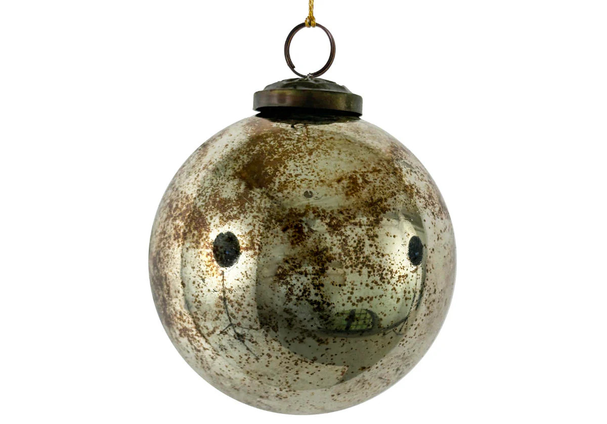AGED SHINY SILVER GLASS BALL ORNAMENT | Alice Lane Home Collection