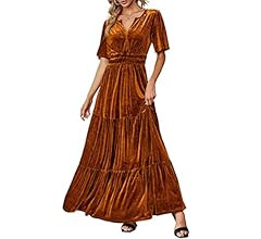 Amegoya Women's Velvet Short Sleeve V Neck Formal Wedding Guest Maxi Dresses Fall Evening Party L... | Amazon (US)