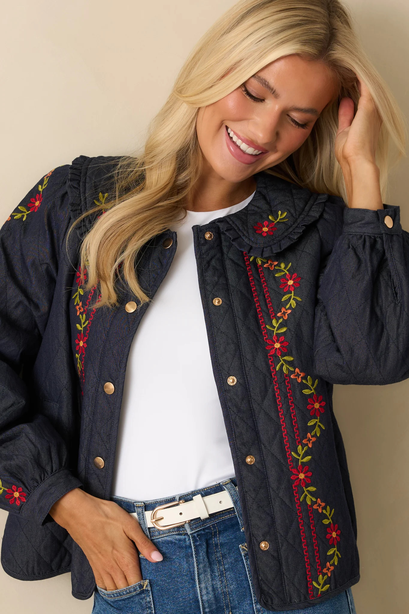 Wildflower Trails Dark Indigo Denim Quilted Embroidered Button Up Jacket | Red Dress