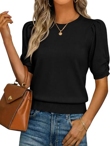 Saodimallsu Womens Puff Sleeve Sweater Tops Ruffle Crew Neck Dressy Casual Loose Knit Pullover Shirts Blouses Black | Amazon (US)