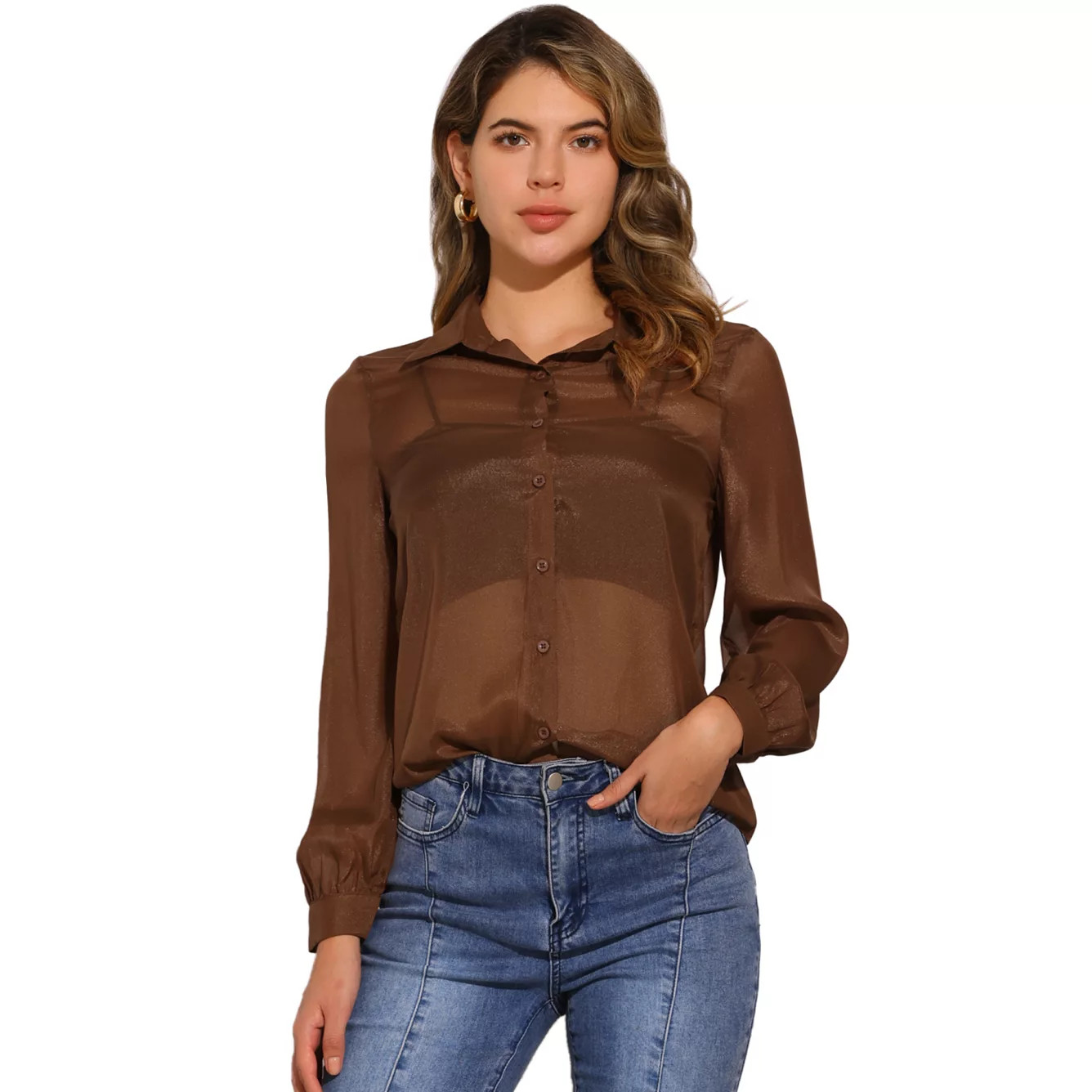 Women's Mesh Sheer Tops Point Collar Long Sleeve Button Down Shirt | Kohl's