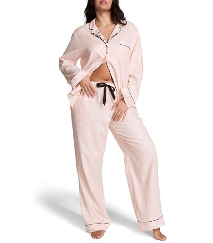 Victoria's Secret Flannel Pajamas, Long Sleeve Button Down & Pant Set, Sleepwear for Women, Pink Iconic Stripe Embroidery, XXL | Amazon (US)