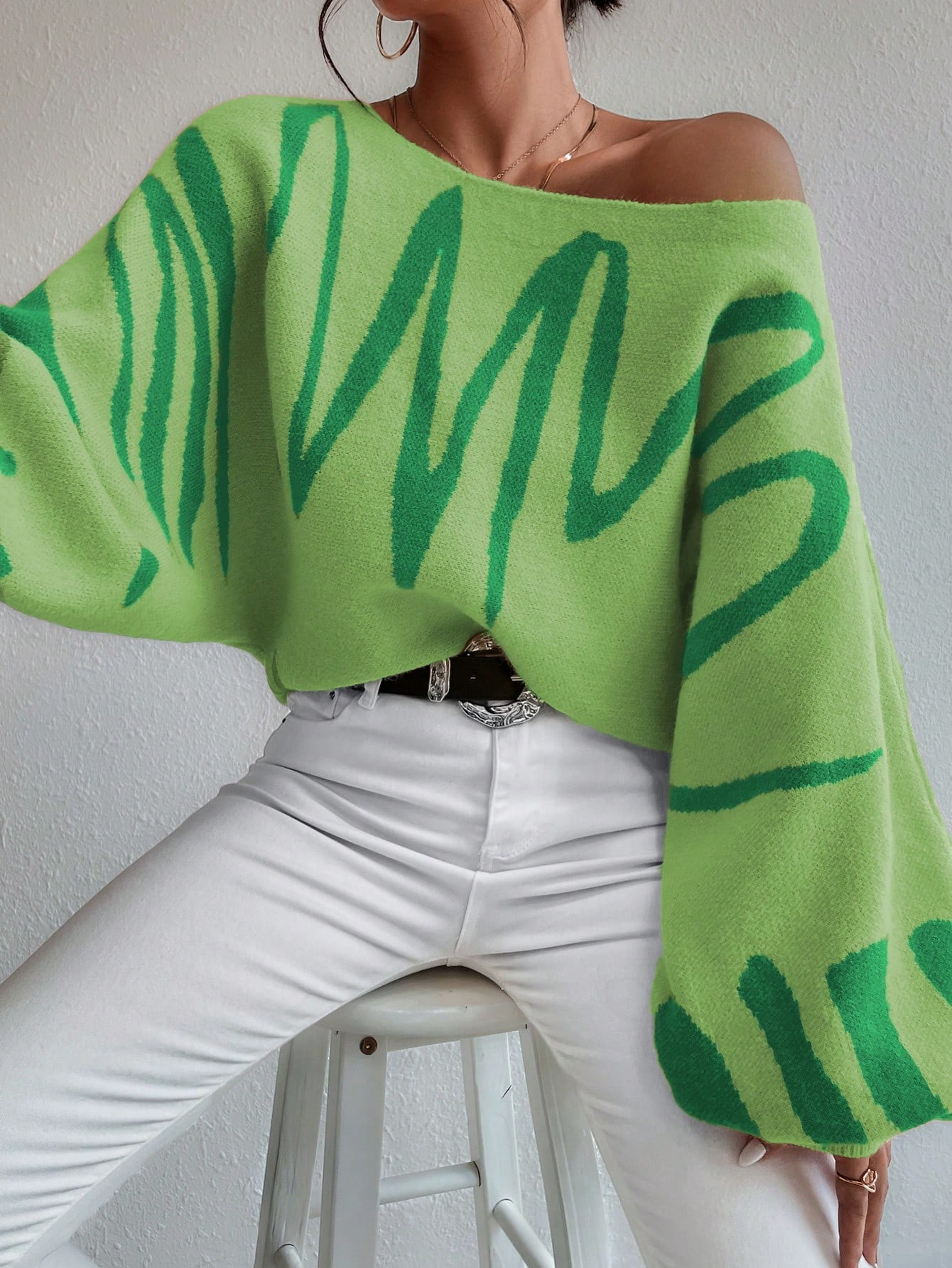 SHEIN Privé Graphic Pattern Lantern Sleeve Sweater | SHEIN