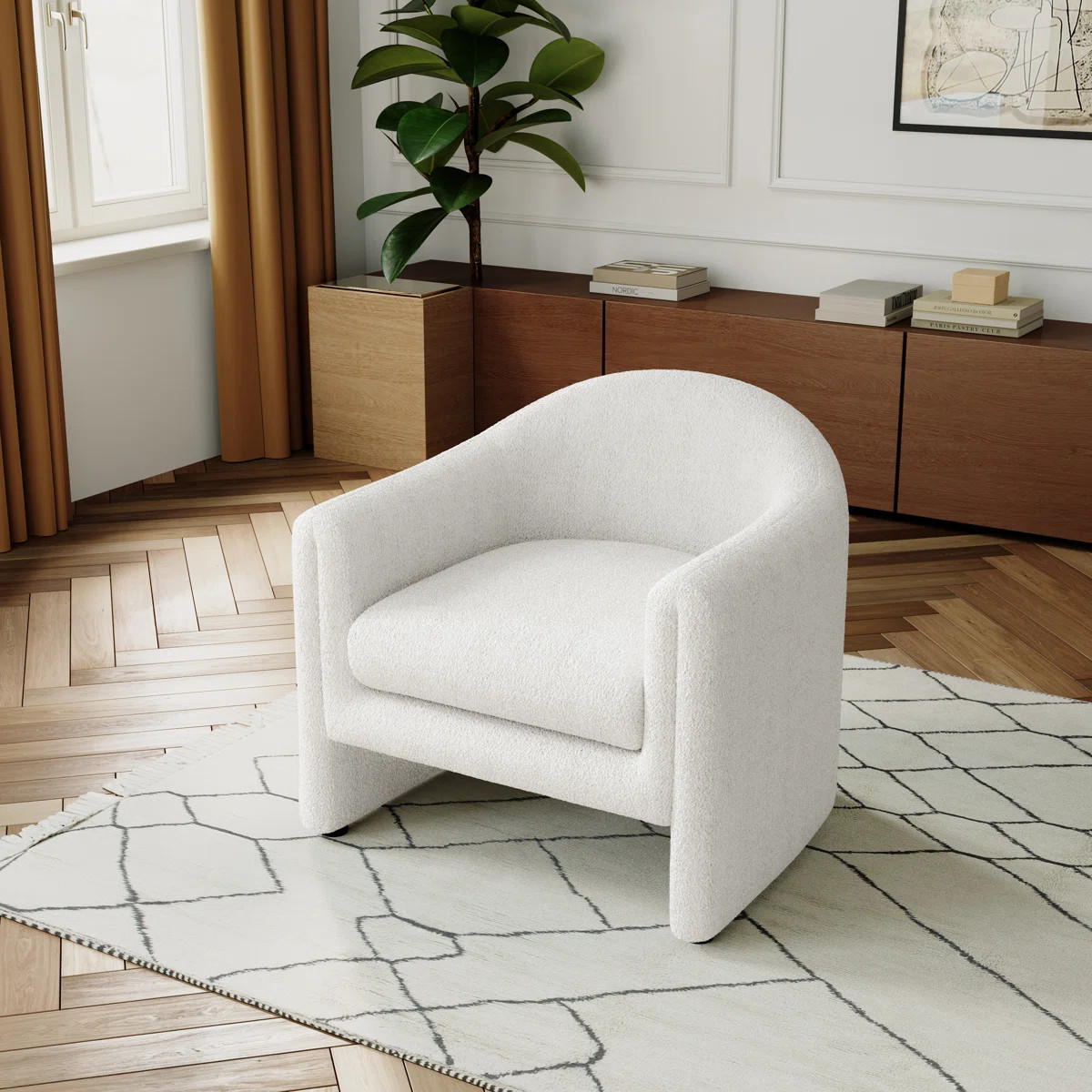 Esly Upholstered Modern Curved White Boucle Barrel Accent Chair | Wayfair North America