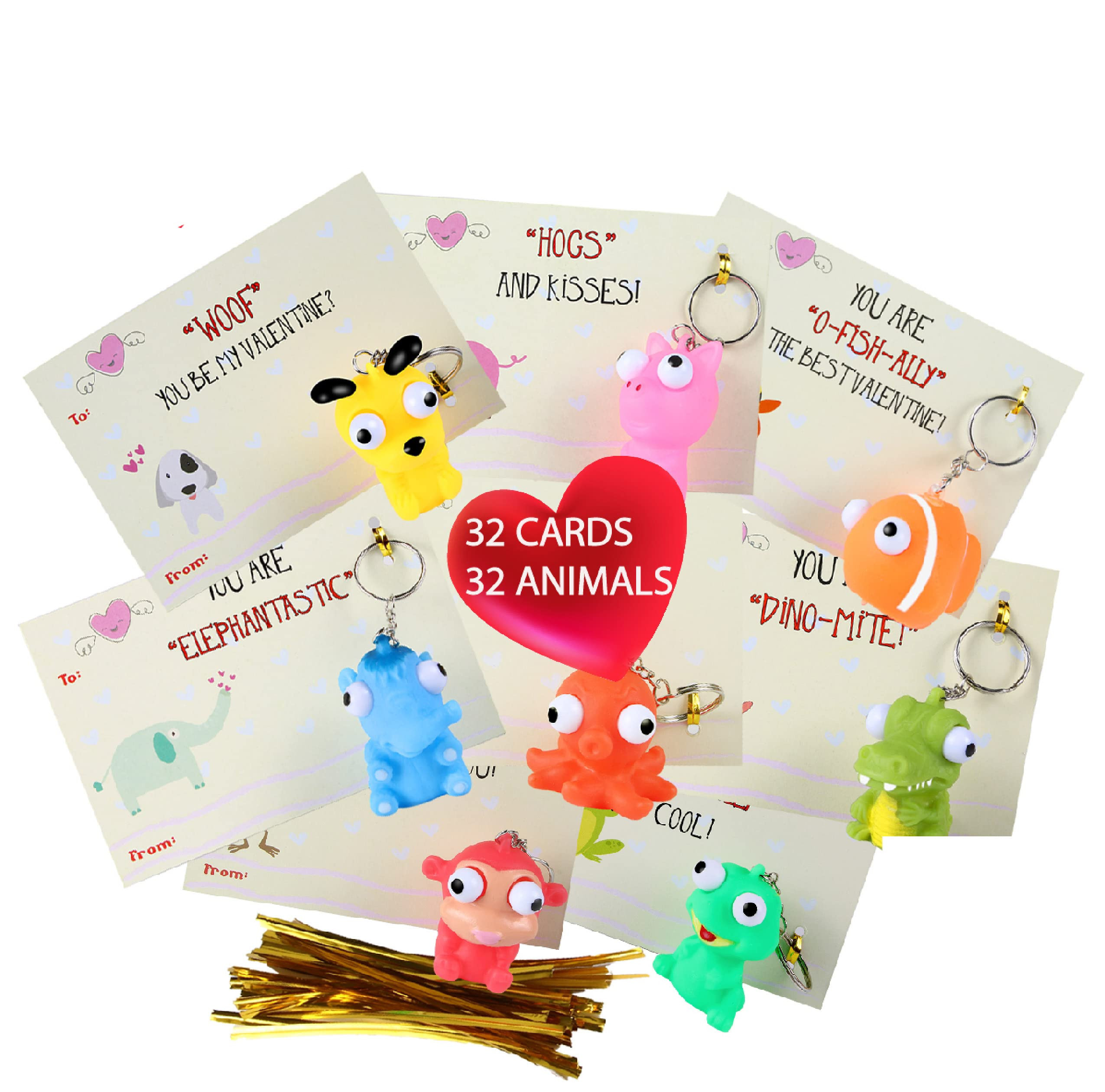 Premium 32 Piece Valentines Day Card for Kids With Squeezable PopEye Animal Keychain Perfect for ... | Amazon (US)