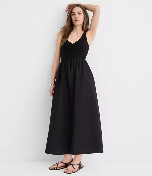 Tall Ruched Mixed Media Midi Pocket Dress | LOFT