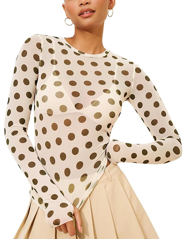 Polka Dots Lace Mesh Tops for Women Sheer Long Sleeve Top Sexy Crew Neck See Through Shirts Party... | Amazon (US)