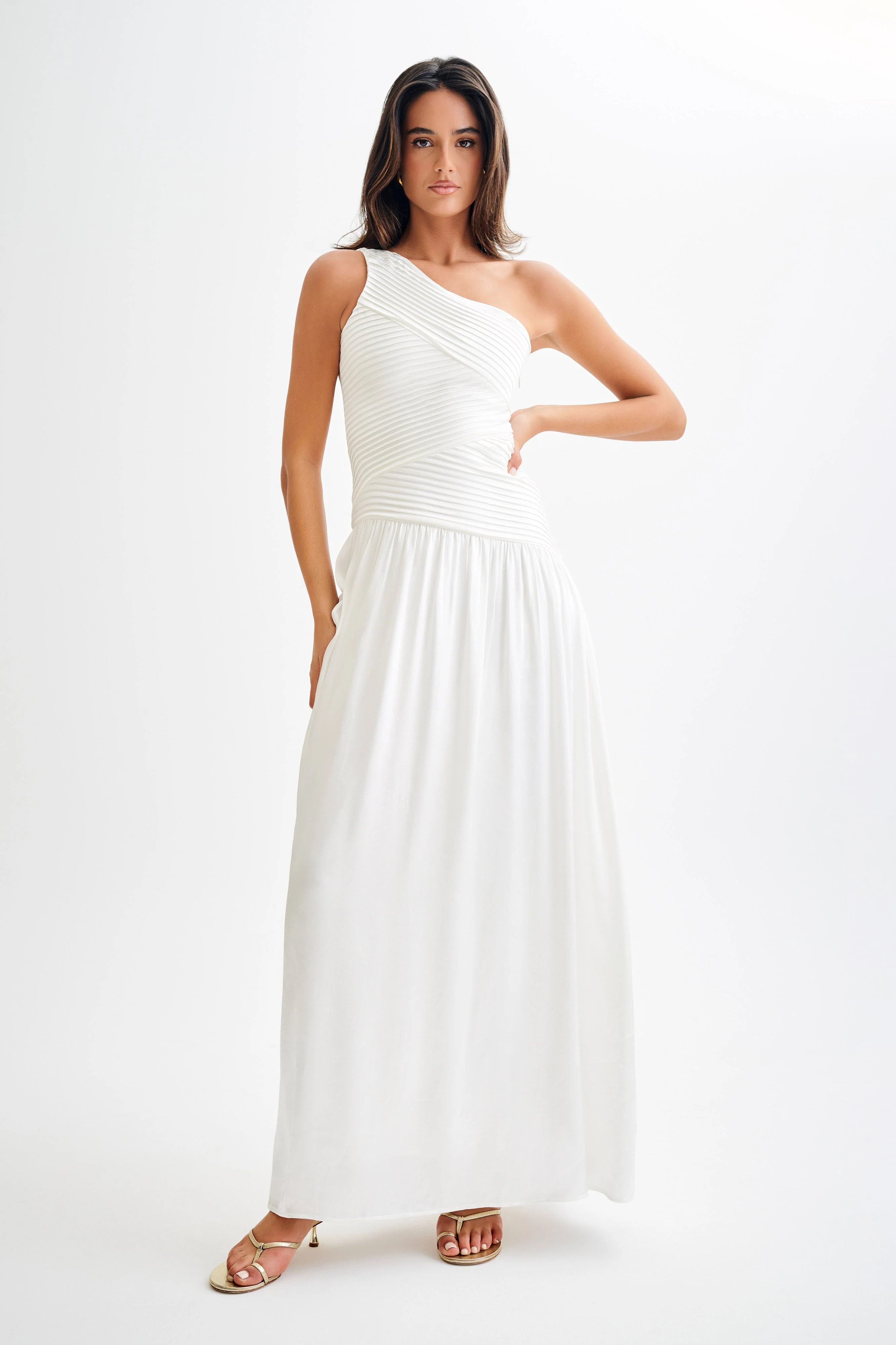 Jenna One Shoulder Pleated Maxi Dress - Ivory | MESHKI US