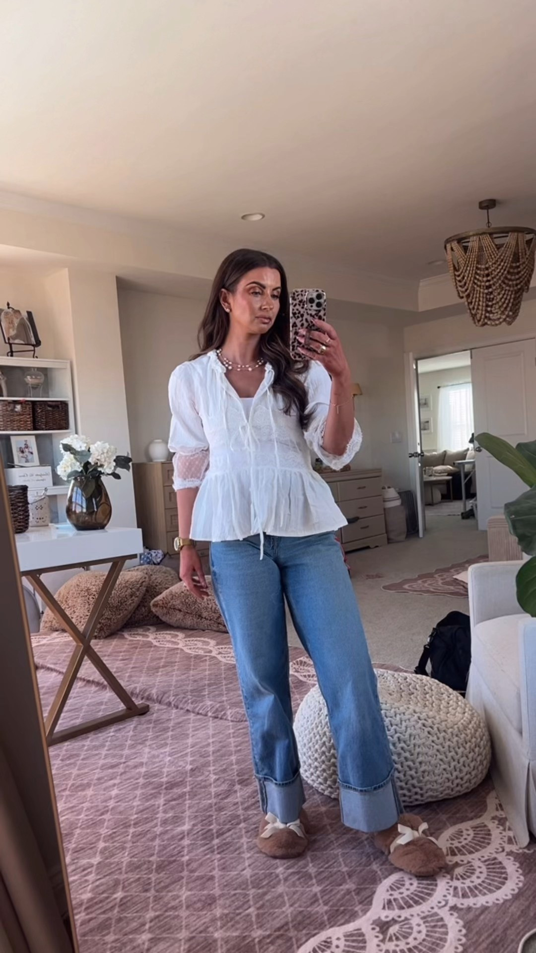 White lace peplum tie shirt-small
Gold pearl layered necklace 
High waisted cuffed jeans 