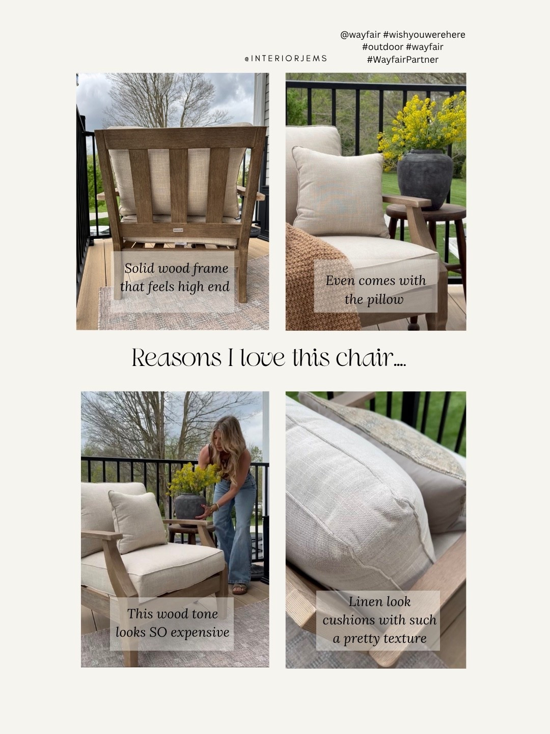 #ad This patio chair instantly gave my outdoor space a more high-end feel 🤎 I’m so picky about outdoor seating and loved the solid wood frame, linen-look cushions, and warm wood tone on this one. Even the included pillow is so good. Such a pretty neutral piece for spring and summer patios. #wishyouwerehere #outdoor #wayfair #WayfairPartner

#LTKHome