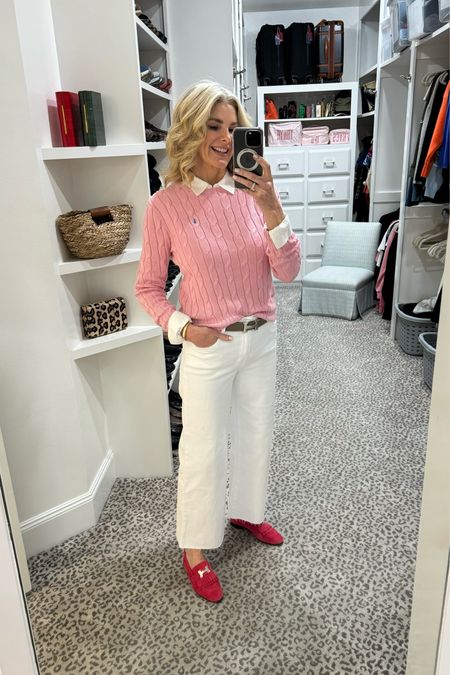 Love this pink & white combo!
Jeans - 4
White shirt - S
Sweater - M
Shoes & belt  - Hermes

#LTKstyletip #LTKover40 #LTKfindsunder100