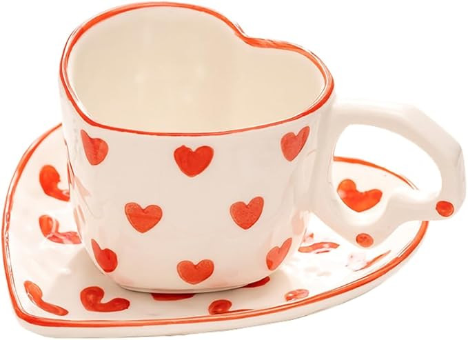 WAIT FLY Heart Shaped Ceramic Coffee Mug Set with Saucer, Tea Cup, Breakfast Cup, Dessert Plate-R... | Amazon (US)