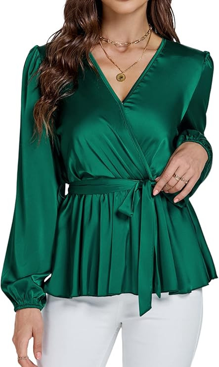 LYANER Women's Satin Silky Wraped V Neck Waist Tie Pleated Long Sleeve Blouse Shirt Top | Amazon (US)