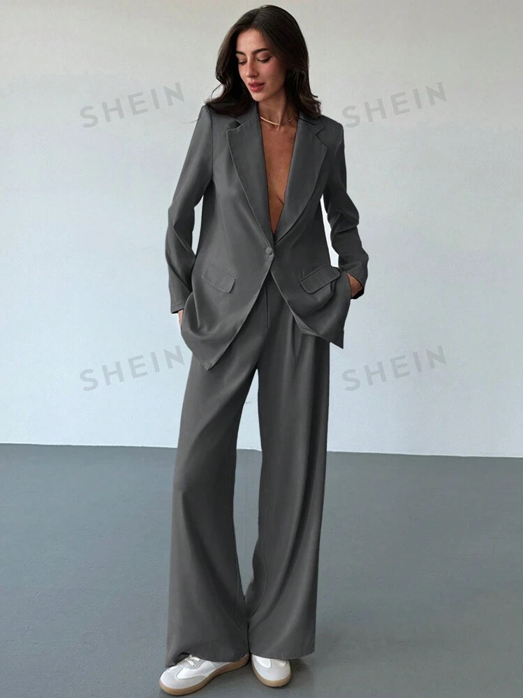 Aloruh New 4-Seasons Elegant Office Lady Suit Set With Silhouette Design, Long Length Jackets | SHEIN