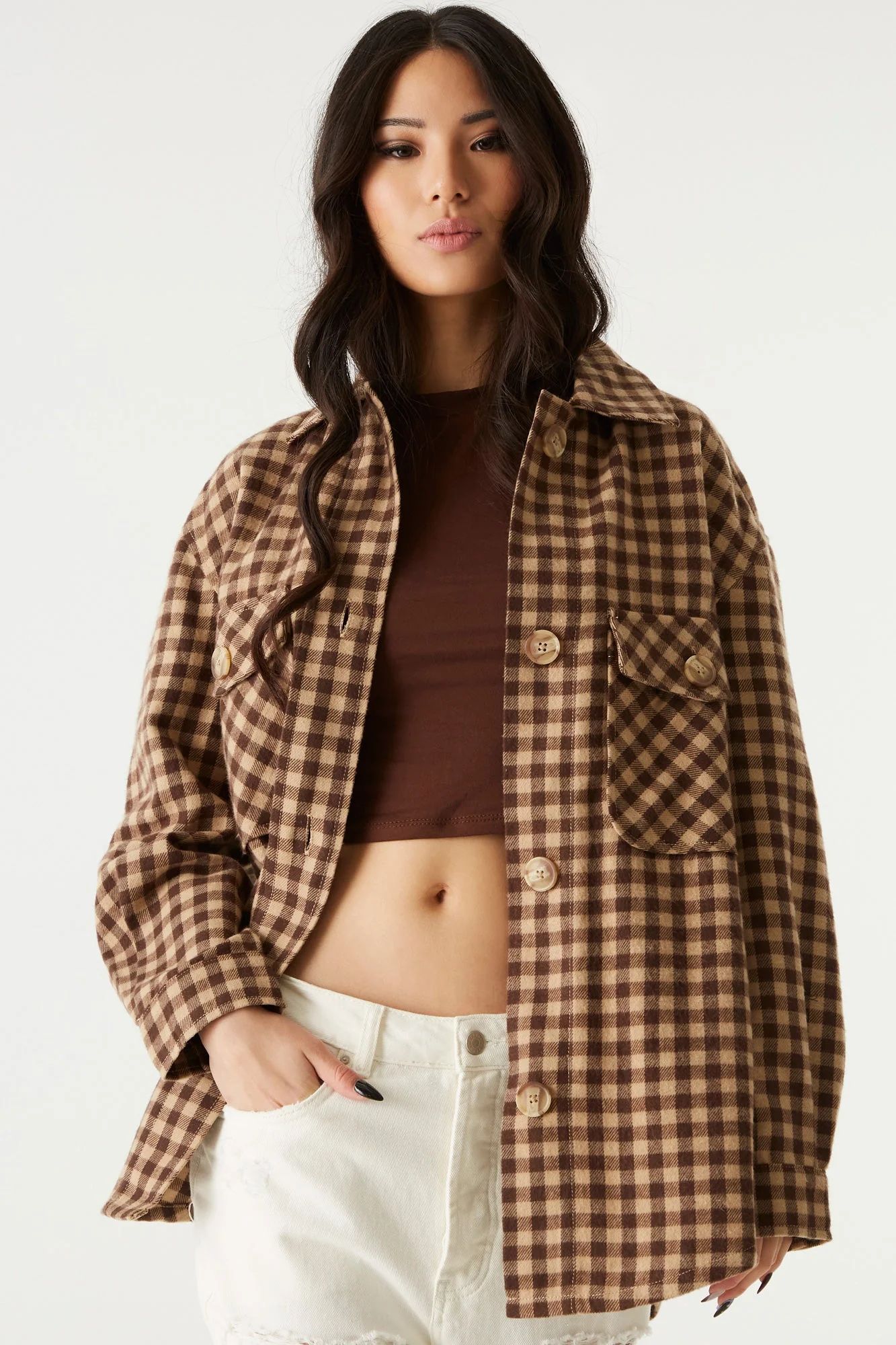 Brush Brown Plaid Flannel Shirt Jacket | Urban Planet