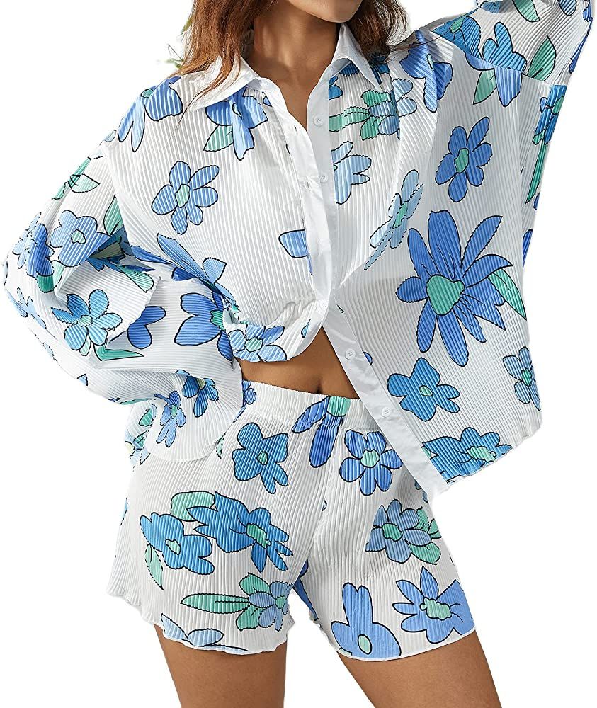 Amazon.com: NUFIWI Women Y2K 2 Piece Pants Set Oversized Floral Printed Button Down Shirt High Wa... | Amazon (US)