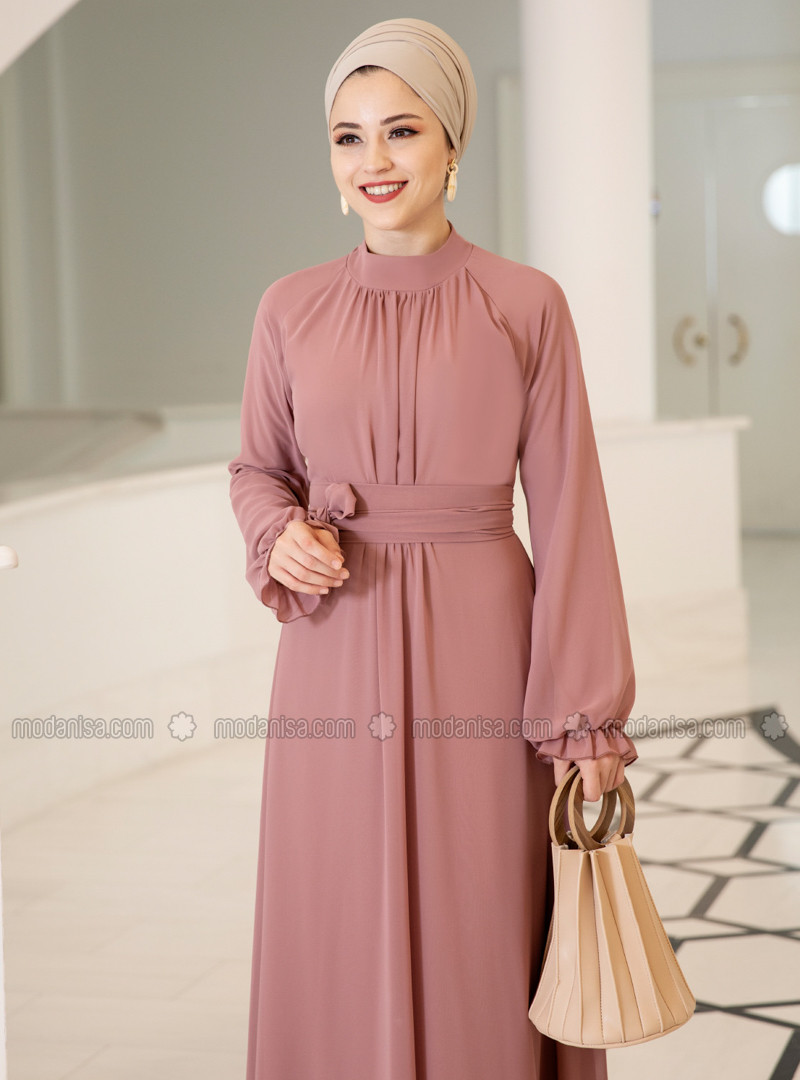 Pink - Fully Lined - Crew neck - Chiffon - Muslim Evening Dress | Modanisa (US)