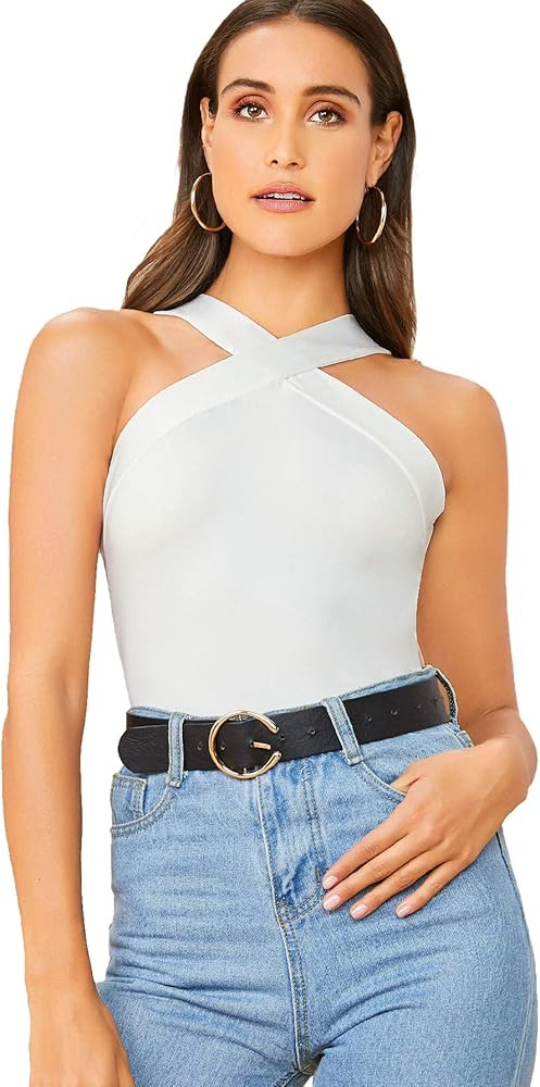 Floerns Women's Solid Criss Cross Halter Sleeveless Tee Shirt Top | Amazon (US)