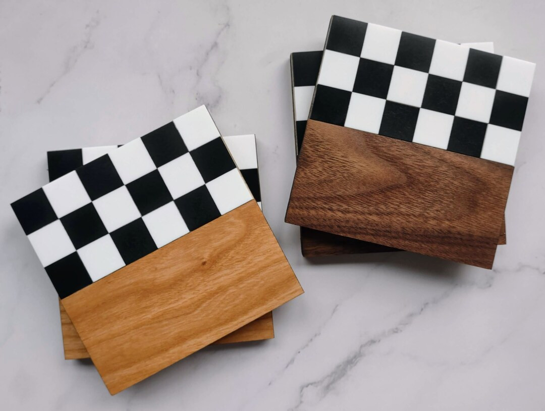 Personalized Black & White Checkered Wooden Coasters, Set of 4, Checkered and Wood Coasters, Raci... | Etsy (US)