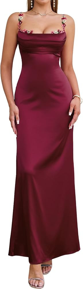 Satin Maxi Dress Floral Spaghetti Strap Backless Sleeveless Formal Prom Party Slik Wedding Guest ... | Amazon (US)