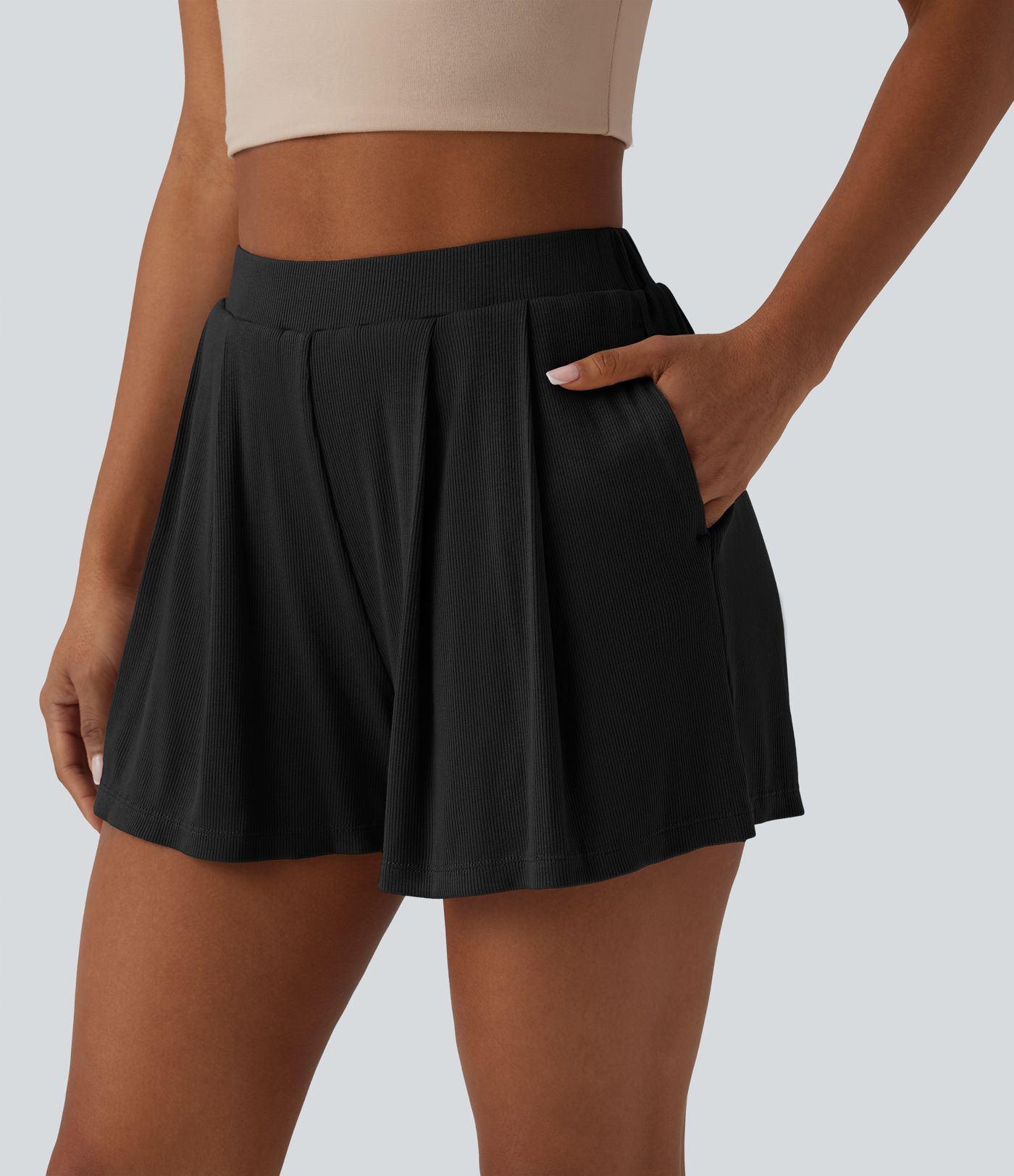 Women\u2019s Ribbed Knit High Waisted 2-in-1 Casual Shorts with Pockets - Halara | HALARA