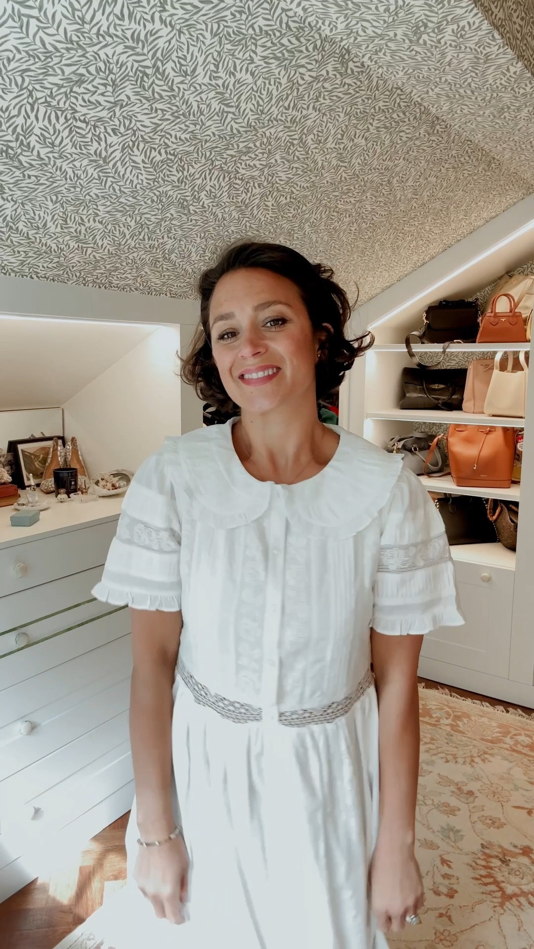 White crochet dress Peter Pan collar 

Size up one size. I’m 5’2, petite and wearing a UK 10