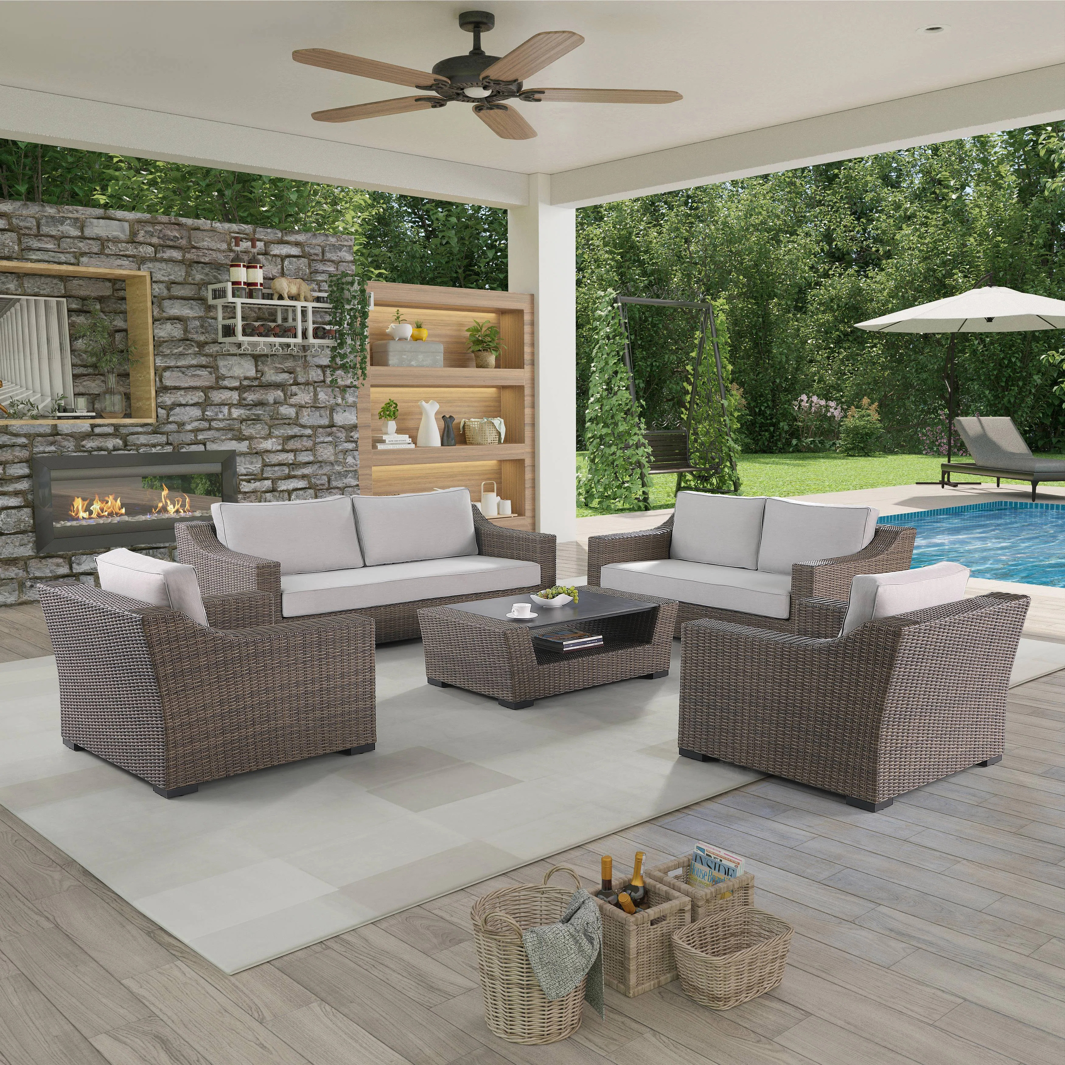 Tymere 5-Piece Manhattan Rustic Wicker Seating Set With Tempered Glass (Set of 5) | Wayfair North America