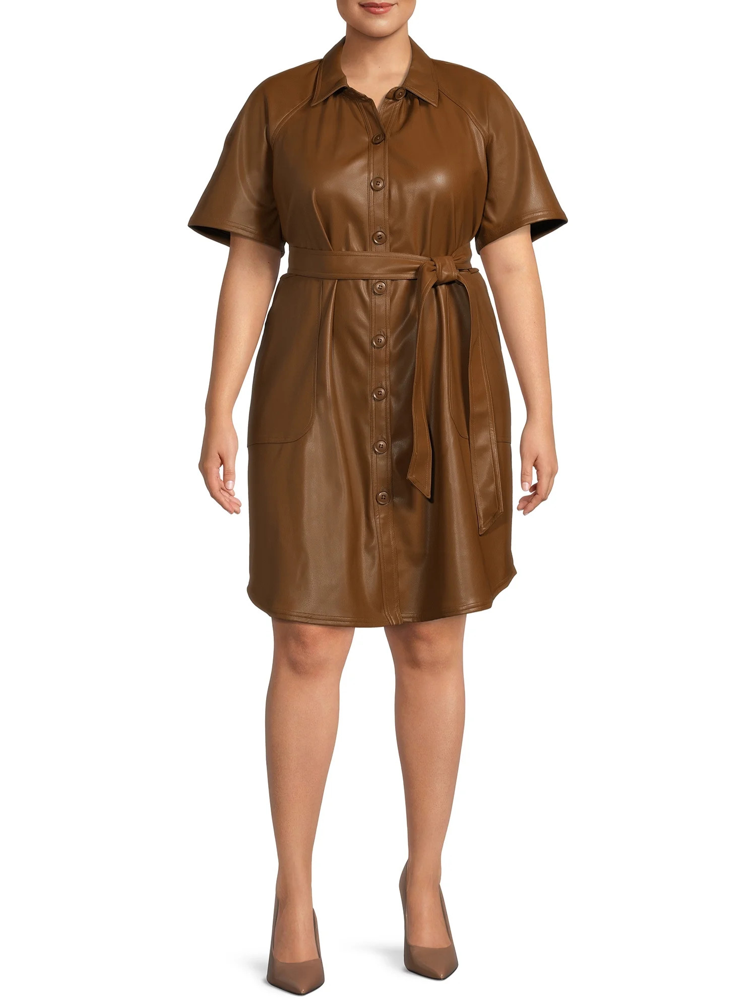 Terra & Sky Women's Plus Size Vegan Faux Leather Shirt Dress - Walmart.com | Walmart (US)