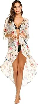 Women's Kimono Chiffon Cardigan High Low Long Floral Beach Swim Bikini Cover Up | Amazon (US)