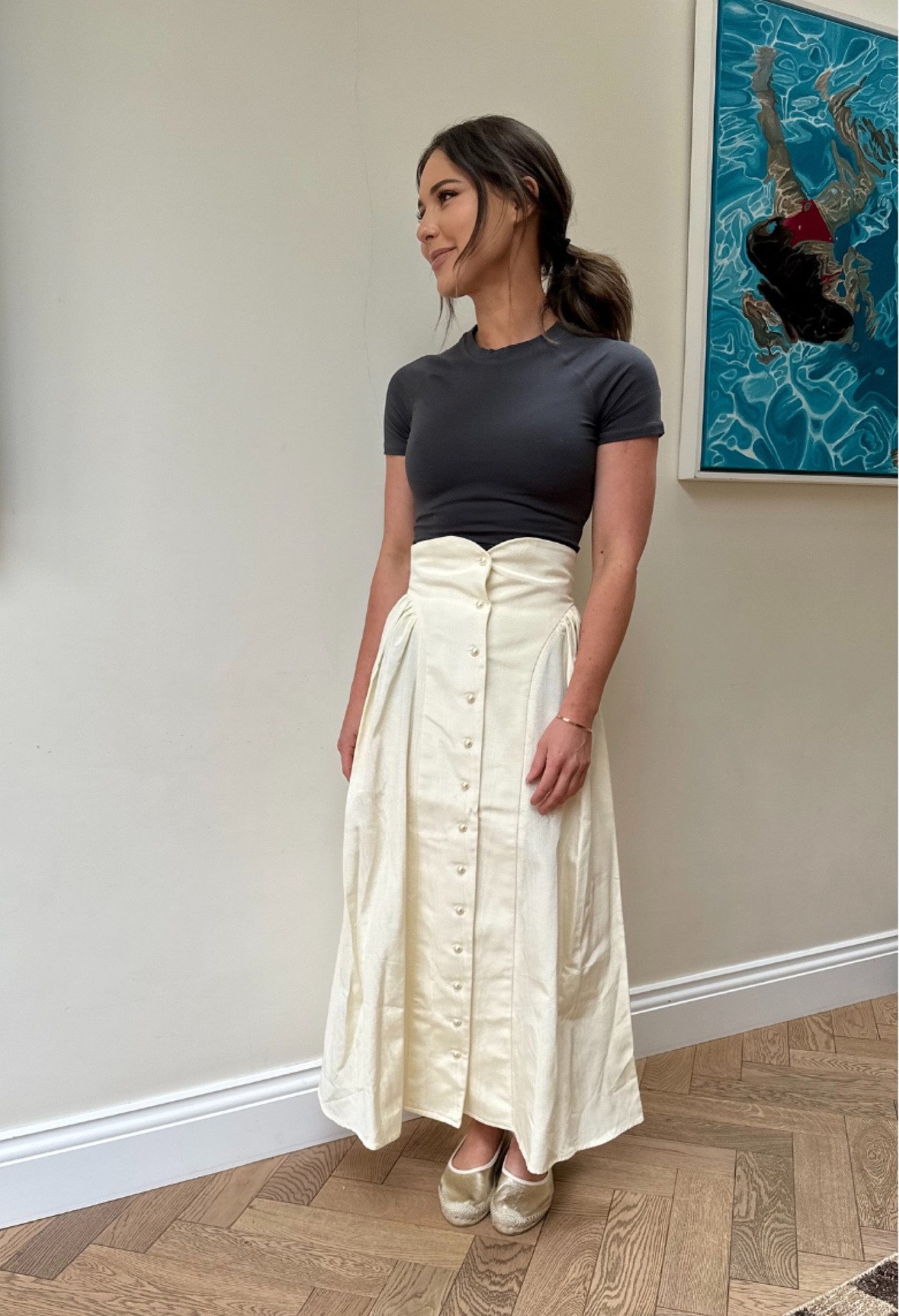 Summer outfit, Boden espadrilles, cream midi skirt, h&m grey crop top, summer style, high street style 

#LTKstyletip #LTKuk #LTKsummer